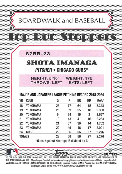 2025 Topps Archives 1987 Topps Boardwalk And Baseball Shota Imanaga #87BB-23 Chicago Cubs