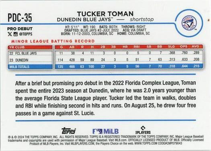 2024 Topps Pro Debut Chrome Refractor Tucker Toman #PDC-35 Dunedin Blue Jays