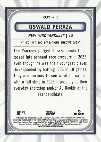 2023 Topps Bowman Chrome Rookie of the Year Favorites Oswald Peraza New York Yankees #ROYF-13