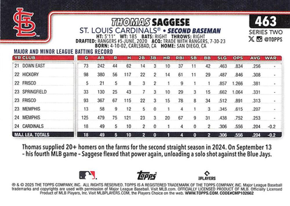 2025 Topps Series 2 Thomas Saggese RC #463 St. Louis Cardinals