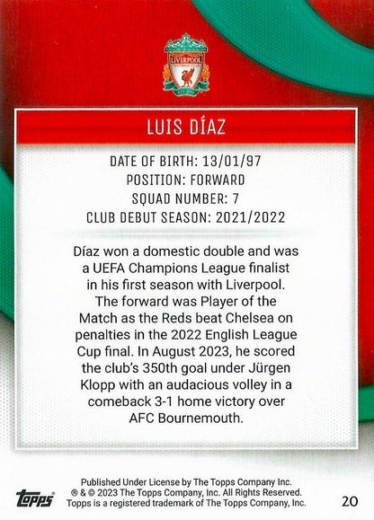 2023 Topps Liverpool Team Set Luis Diaz #20 Liverpool