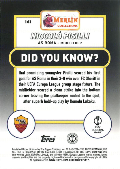 2023 Topps Merlin Chrome UCC Niccolo Pisilli RC #141 Roma
