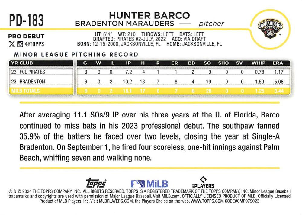2024 Topps Pro Debut Hunter Barco #PD-183 Bradenton Marauders