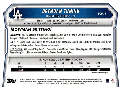 2026 Topps Bowman Chrome Mojo Prospects Brendan Tunink #BP-59 Los Angeles Dodgers