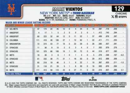 2025 Topps Chrome MLB Mark Vientos #129 New York Mets