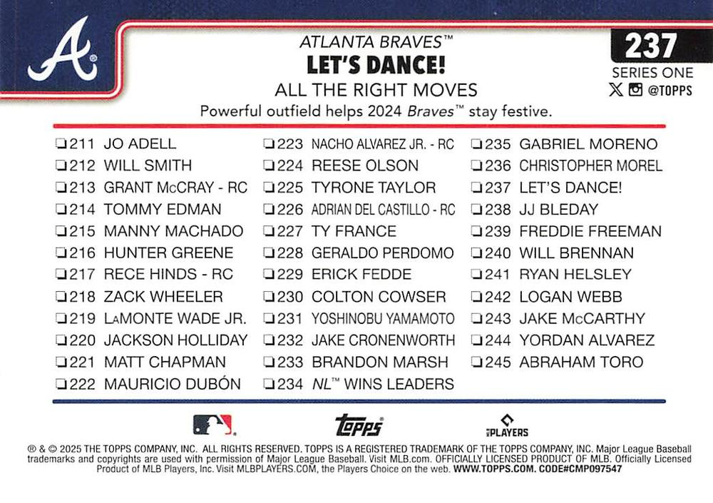 2025 Topps Series 1 Combo Card/Checklist Marcell Ozuna Atlanta Braves #237