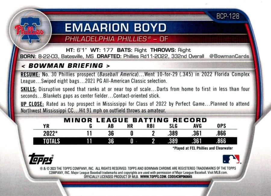 2023 Bowman Chrome Prospects Emaarion Boyd 1st Philadelphia Phillies #BCP-128