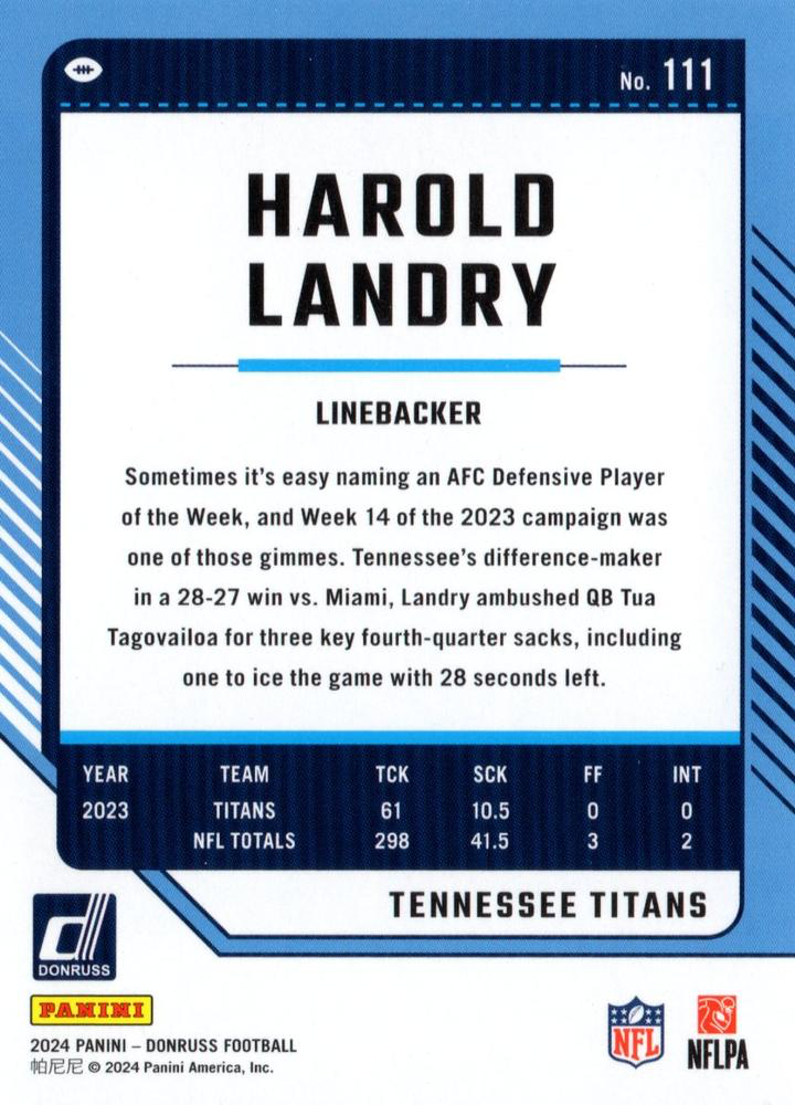 2024 Panini Donruss Harold Landry Tennessee Titans #111