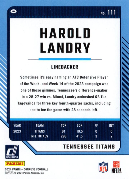 2024 Panini Donruss Harold Landry Tennessee Titans #111
