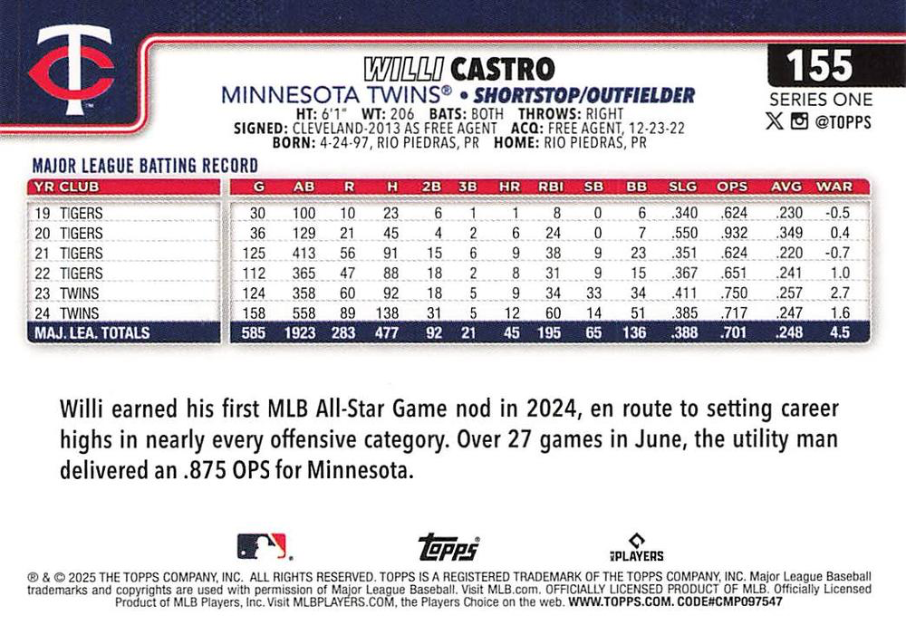 2025 Topps Series 1 Willi Castro Minnesota Twins #155