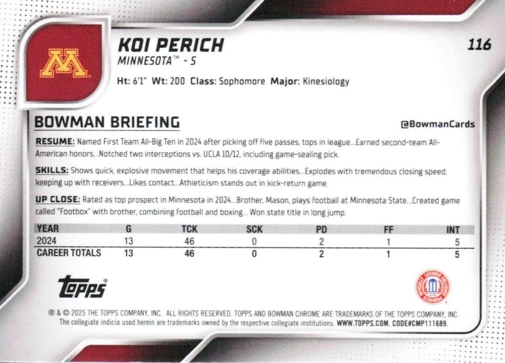 2025 Topps Bowman U Chrome Koi Perich 1st #116 Minnesota Golden Gophers