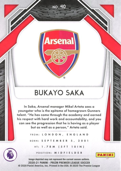 2020 Panini Prizm Premier League Bukayo Saka RC #40 Arsenal FC