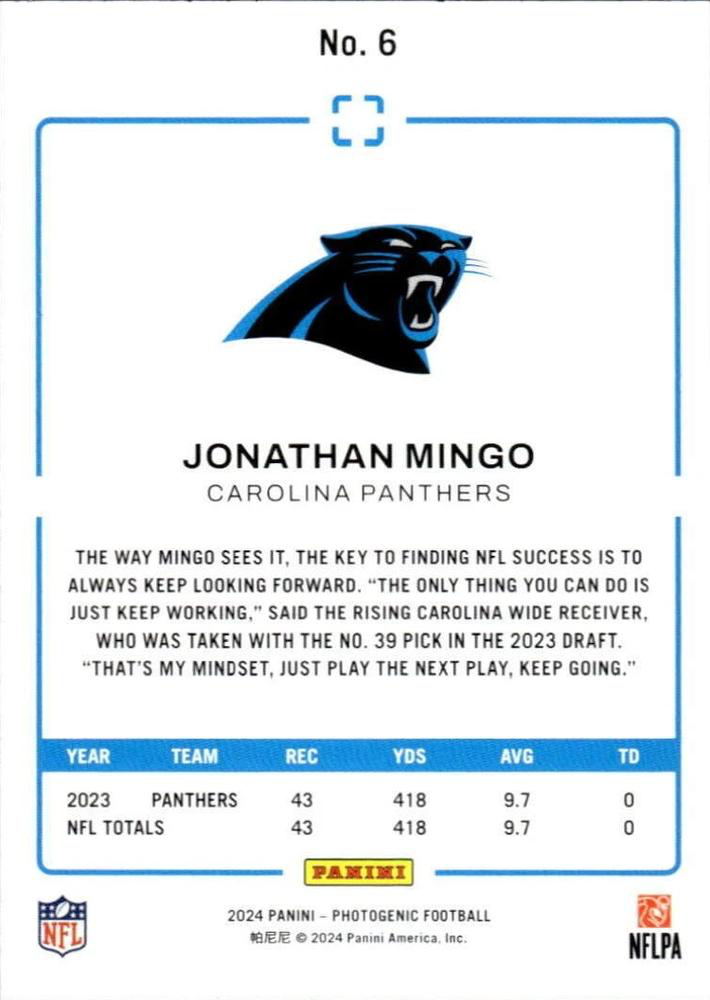 2024 Panini Photogenic Jonathan Mingo #6 Carolina Panthers