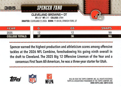 2026 Topps Flagship RC Spencer Fano #385 Cleveland Browns