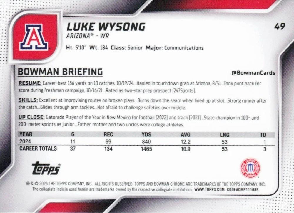 2025 Topps Bowman U Chrome Luke Wysong 1st #49 Arizona Wildcats