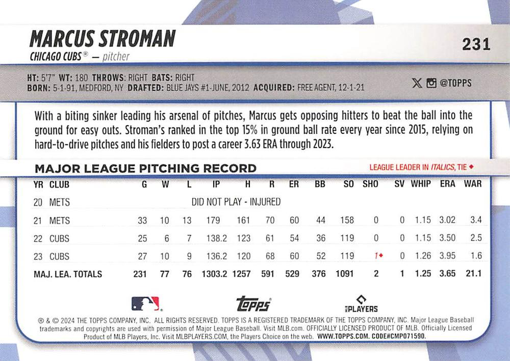 2024 Topps Big League Uncommon Foil Marcus Stroman SP Chicago Cubs #231