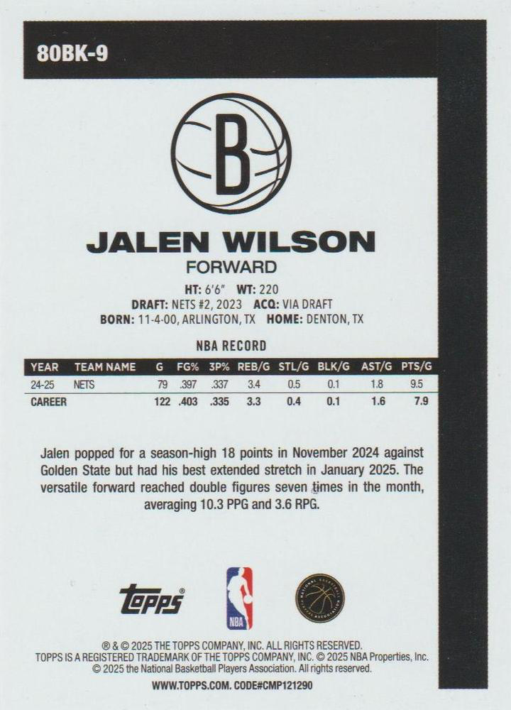 2025 Topps NBA 1980-81 Topps Basketball Jalen Wilson 80BK-9 Brooklyn Nets