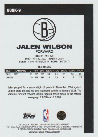 2025 Topps NBA 1980-81 Topps Basketball Jalen Wilson 80BK-9 Brooklyn Nets