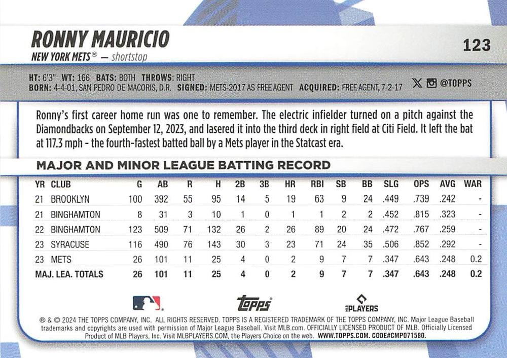 2024 Topps Big League Common Ronny Mauricio RC New York Mets #123