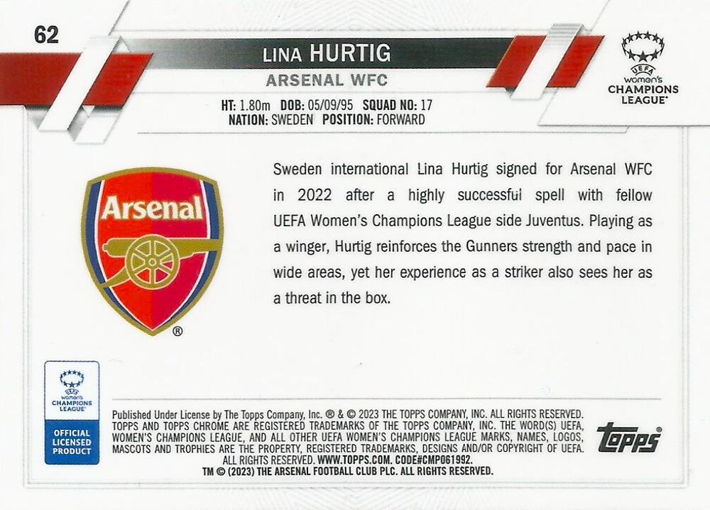 2022 Topps Chrome UCC Women's Lina Hurtig #62 Arsenal W.F.C.