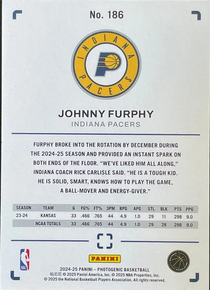 2024 Panini Photogenic Johnny Furphy RC #186 Indiana Pacers