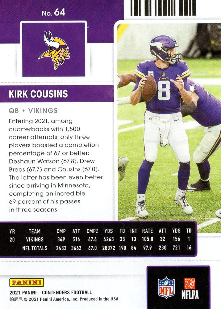 2021 Panini Contenders Kirk Cousins Minnesota Vikings #64