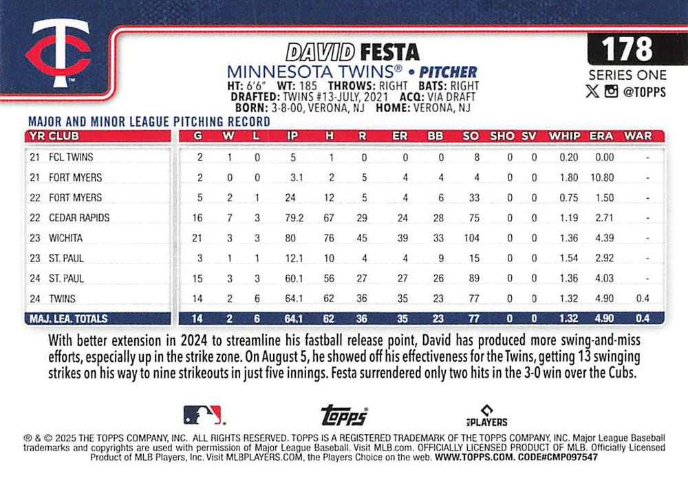 2025 Topps Series 1 David Festa RC Minnesota Twins #178