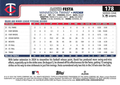 2025 Topps Series 1 David Festa RC Minnesota Twins #178