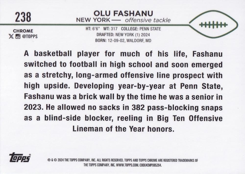 2024 Topps Chrome Football X- Fractor Olu Fashanu RC #238 New York Jets