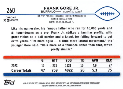 2024 Topps Chrome Football Frank Gore Jr. RC #260 Buffalo Bills