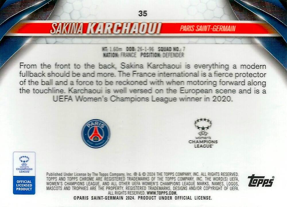 2023 Topps Chrome UCC Women's Sakina Karchaoui RC #35 Paris Saint-Germain