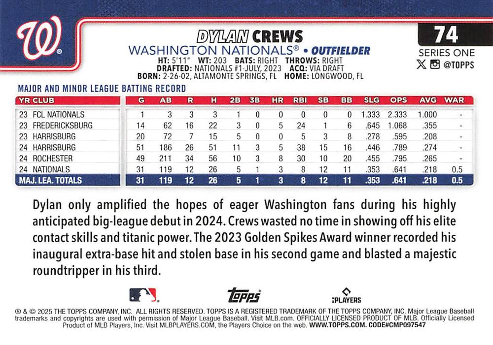 2025 Topps Series 1 Dylan Crews RC Washington Nationals #74