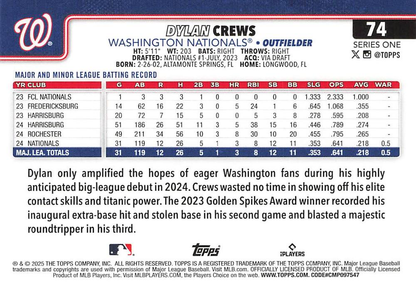 2025 Topps Series 1 Dylan Crews RC Washington Nationals #74