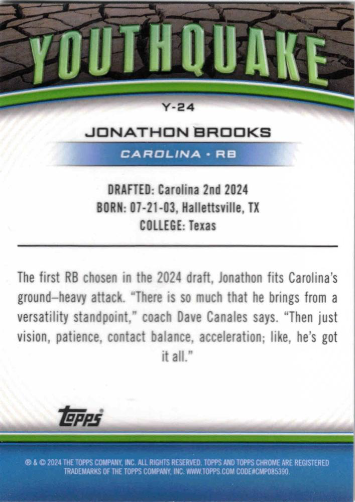 2024 Topps Chrome Youthquake Refractor Jonathon Brooks #Y-24 Carolina Panthers