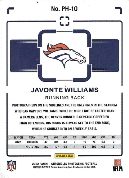 2022 Panini Chronicles Photogenic Teal Javonte Williams #PH-10 Denver Broncos