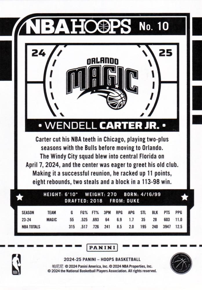 2024 Panini Hoops Wendell Carter Jr. #10 Orlando Magic