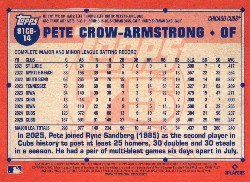 2026 Topps Chrome 1991 35th Pete Crow-Armstrong #91CB-14 Chicago Cubs