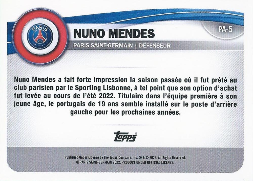 2022 Topps PSG Fan Set Nuno Mendes #PA-5 Paris Saint-Germain