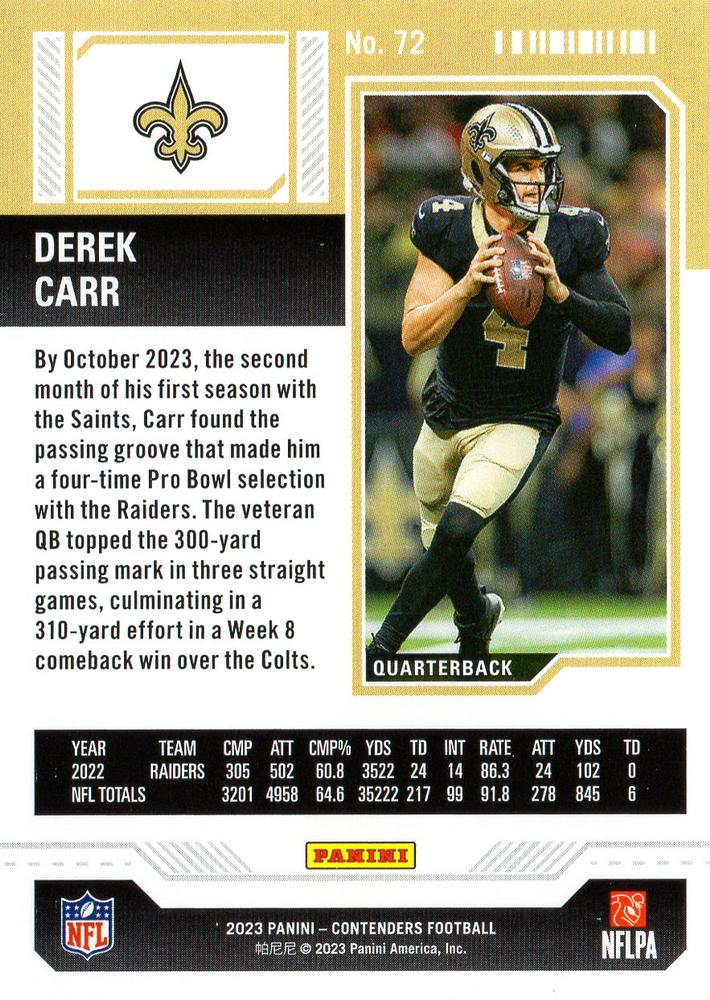 2023 Panini Contenders Derek Carr New Orleans Saints #72