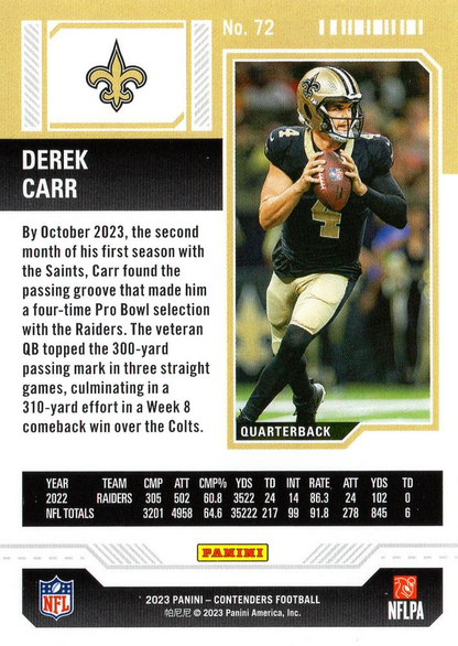 2023 Panini Contenders Derek Carr New Orleans Saints #72