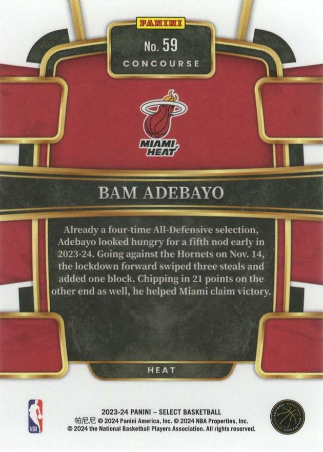 2023 Panini Select Bam Adebayo Blue #59 Miami Heat