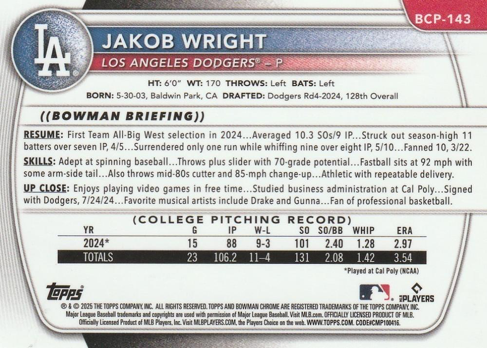 2025 Topps Bowman Chrome Prospect Jakob Wright 1st #BCP-143 Los Angeles Dodgers