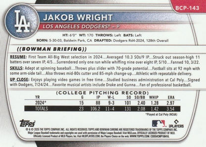 2025 Topps Bowman Chrome Prospect Jakob Wright 1st #BCP-143 Los Angeles Dodgers