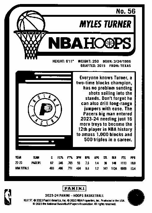2023 Panini Hoops Myles Turner #56 Indiana Pacers