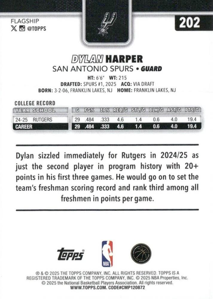 2025 Topps NBA Dylan Harper RC #202 San Antonio Spurs