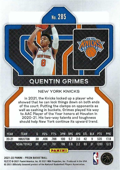 2021 Panini Prizm Quentin Grimes RC #285 New York Knicks
