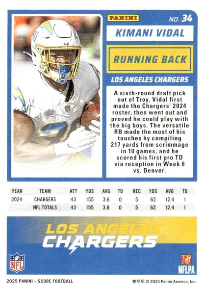 2025 Panini Score Kimani Vidal #34 Los Angeles Chargers