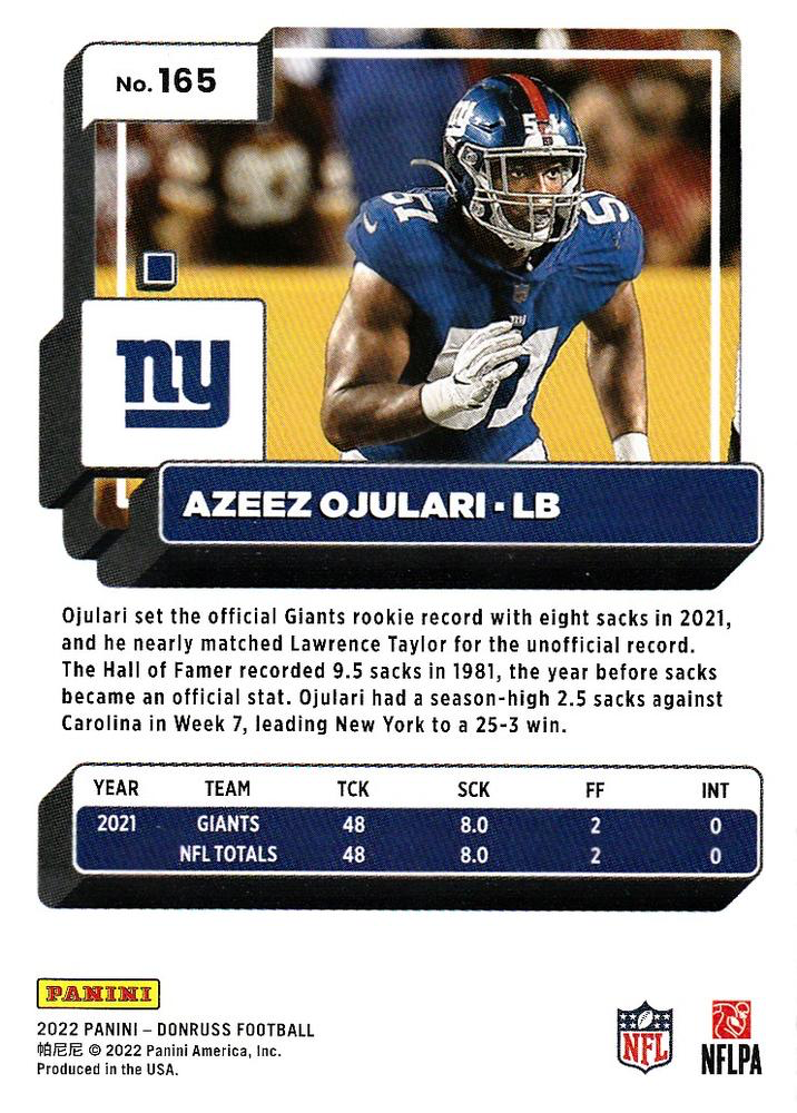 2022 Panini Donruss Azeez Ojulari #165 New York Giants
