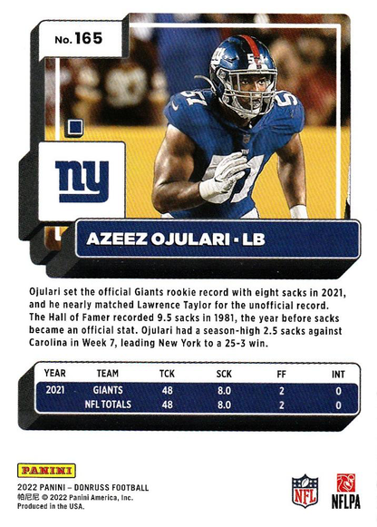 2022 Panini Donruss Azeez Ojulari #165 New York Giants