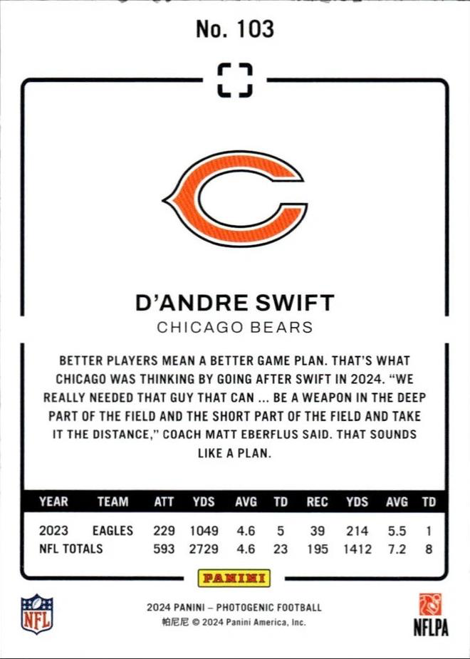 2024 Panini Photogenic D'Andre Swift #103 Chicago Bears